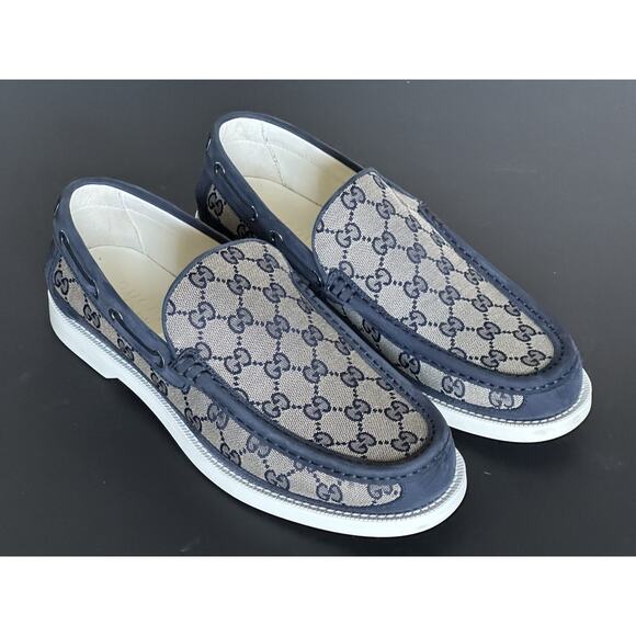 Gucci Men’s GG Leather/Canvas Boat Shoes Beige/Blue 9.5 (Gucci 9) 786485 IT NIB main image 12